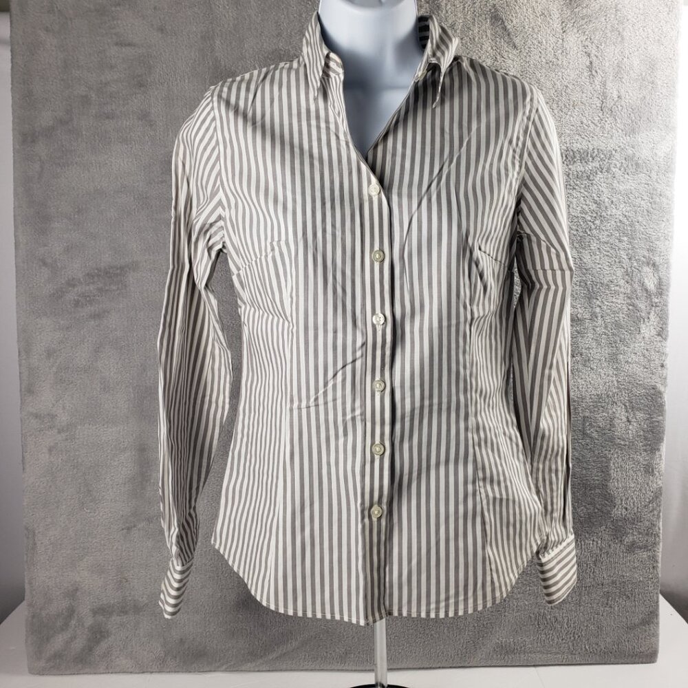 Banana Republic 2P Gray White Stripes Stretch Petite Womens Top Tailored Buttons